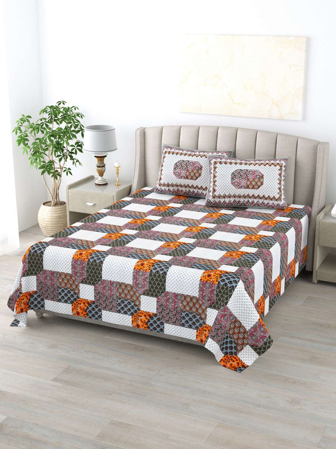 100% Pure Cotton Traditional Printed Bedsheet for Double Bed King Size Bedsheet with 2 Pillow Covers