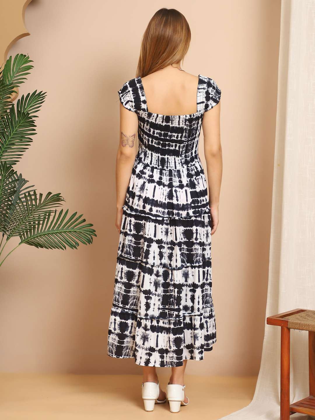 Women’s Viscos Rayon Printed Off Shoulder Midi Dress For Summer And Casual Wear (Black White)