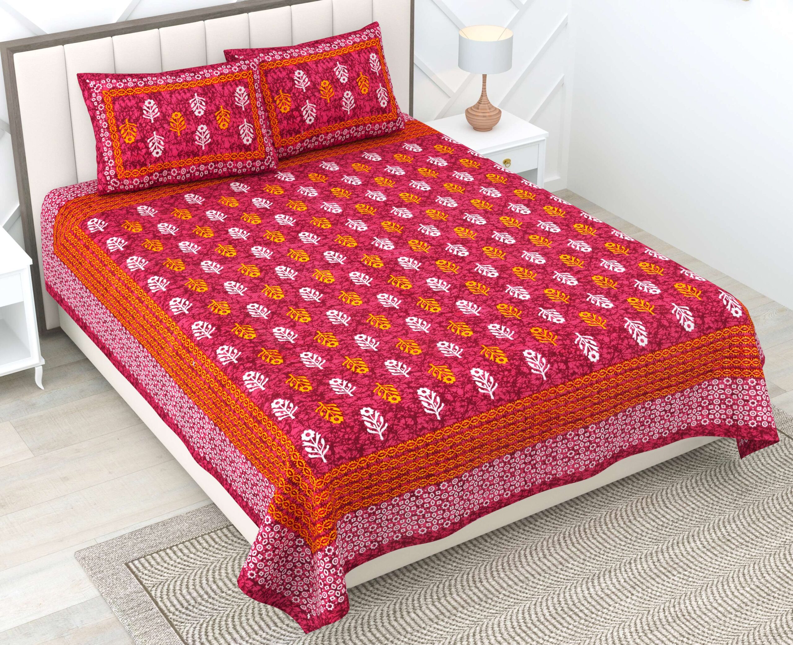 100% Pure Cotton Traditional Printed Bedsheet for Double Bed King Size Bedsheet with 2 Pillow Covers