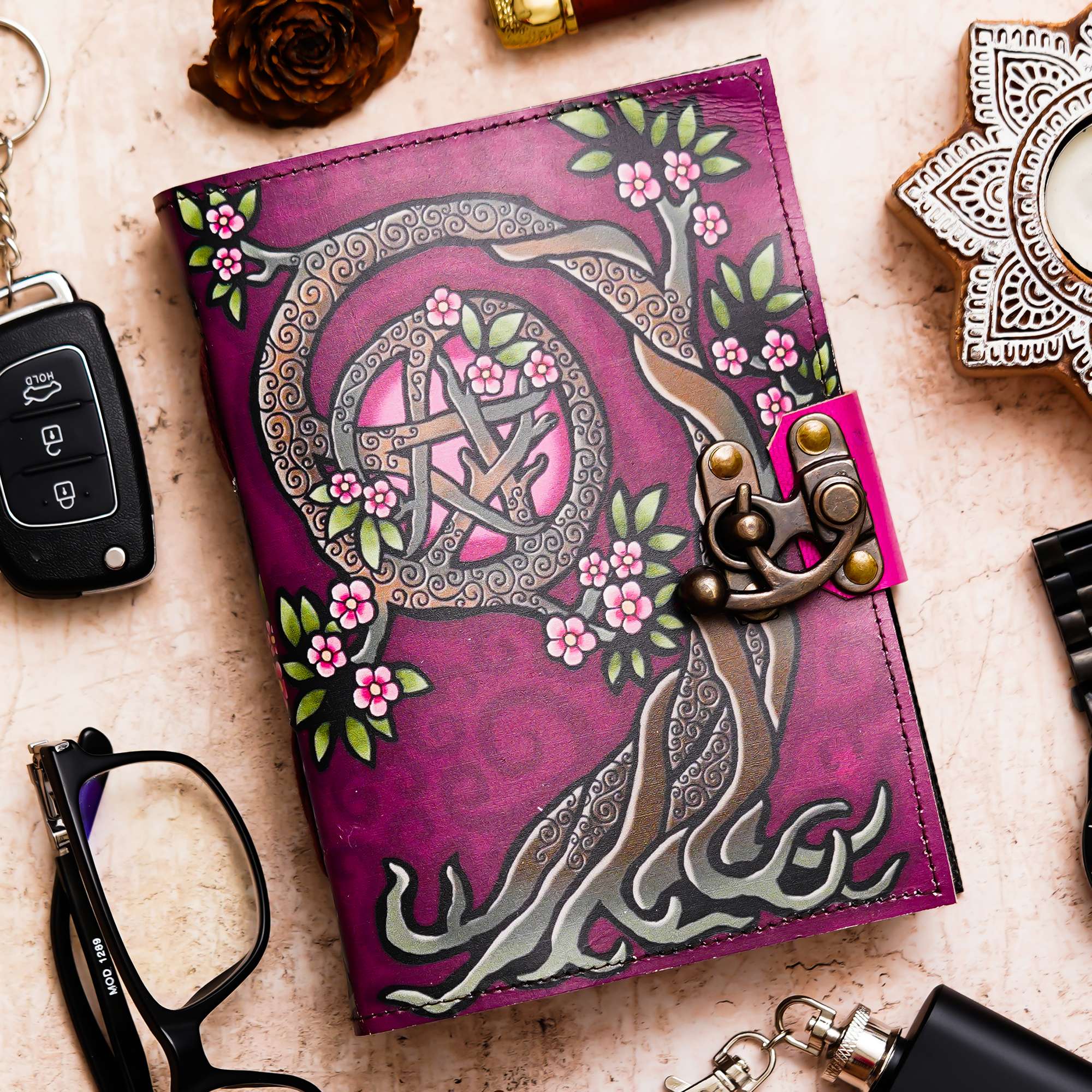 Pink Pentacle Tree Handmade Leather Diary & Journal