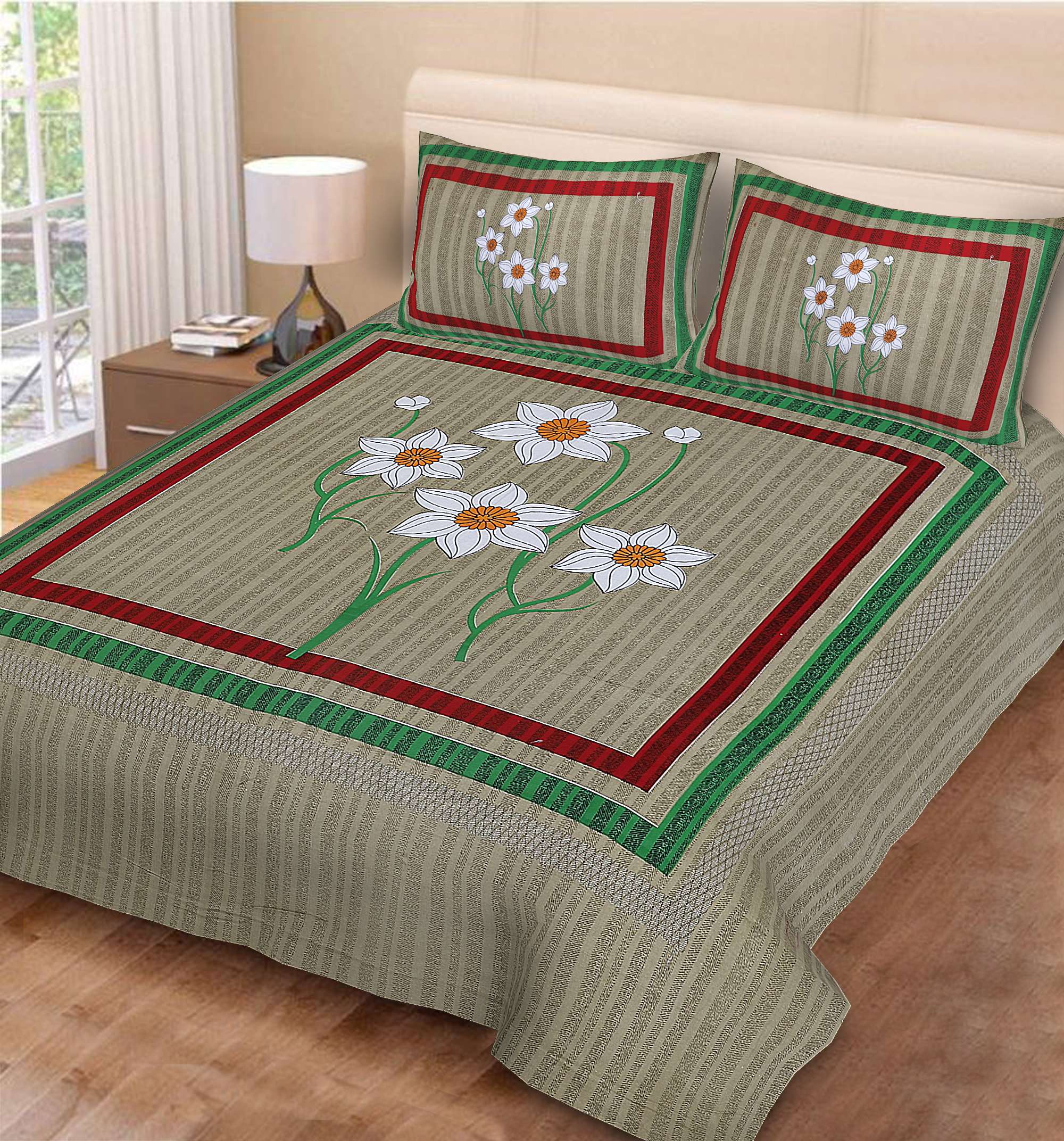 Rajasthani Jaipuri-Stylish Floral Print Double Bedsheet With Two Matching Pillow Covers.