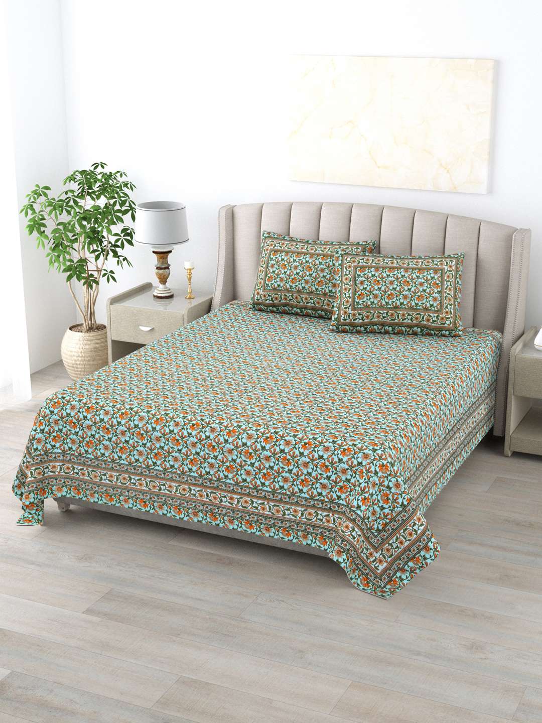 100% Pure Cotton Traditional Printed Bedsheet for Double Bed King Size Bedsheet with 2 Pillow Covers