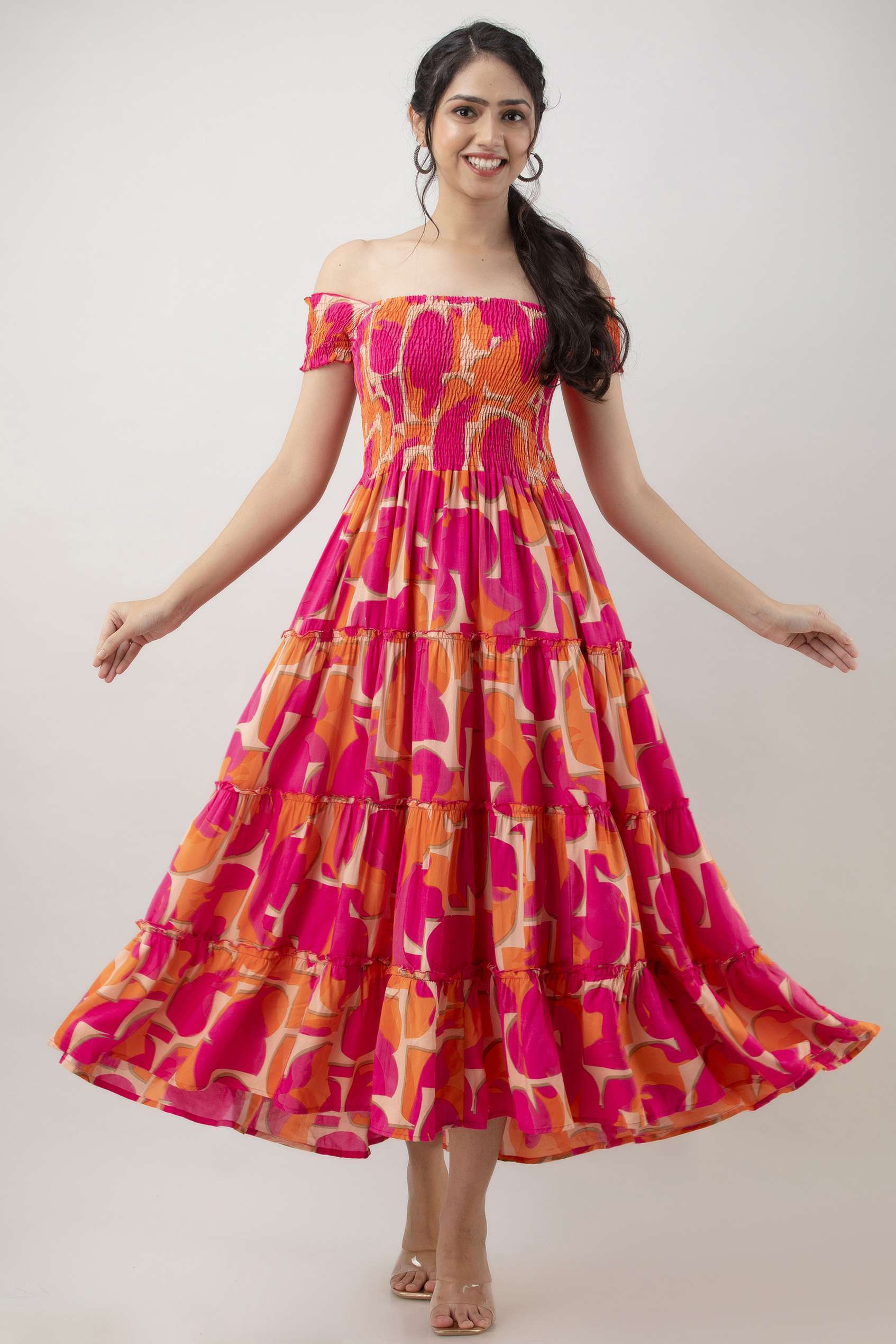 Women’s Viscos Rayon Printed Off Shoulder Midi Dress For Summer And Casual Wear (Pink Strip)