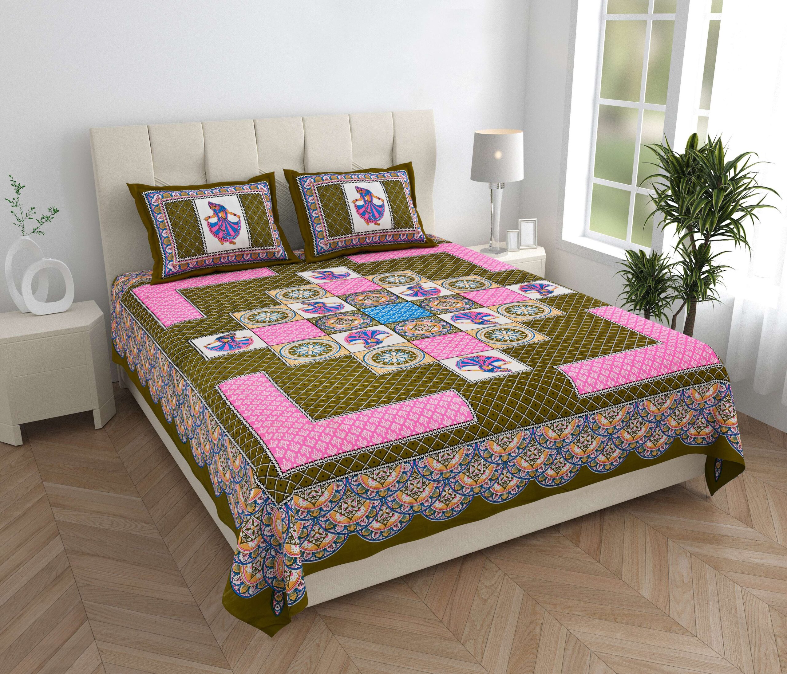 Jaipuri Printed Double Bedsheet With Two Matching Pillow Covers