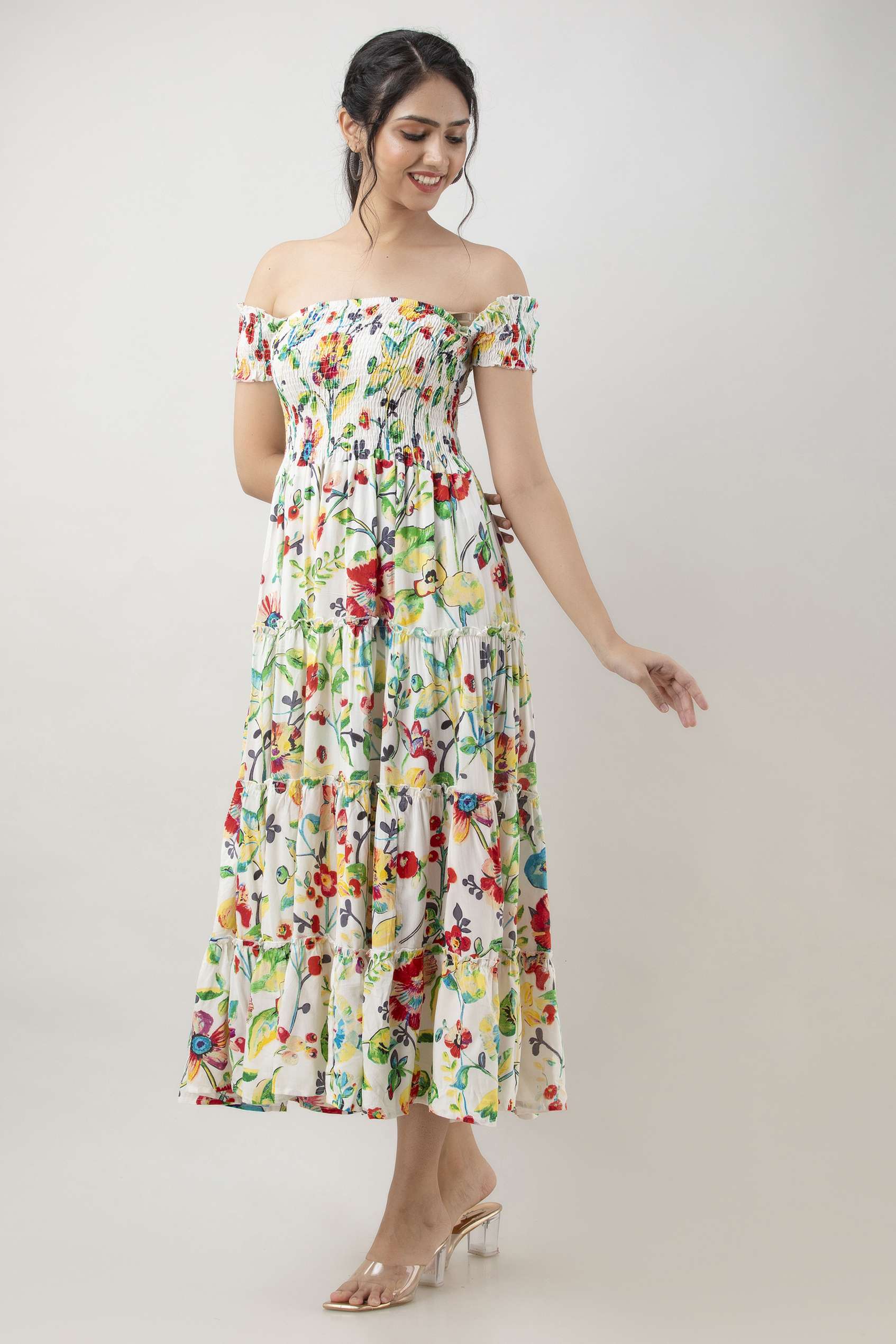 Women’s Viscos Rayon Printed Off Shoulder Midi Dress For Summer And Casual Wear (White Floral)