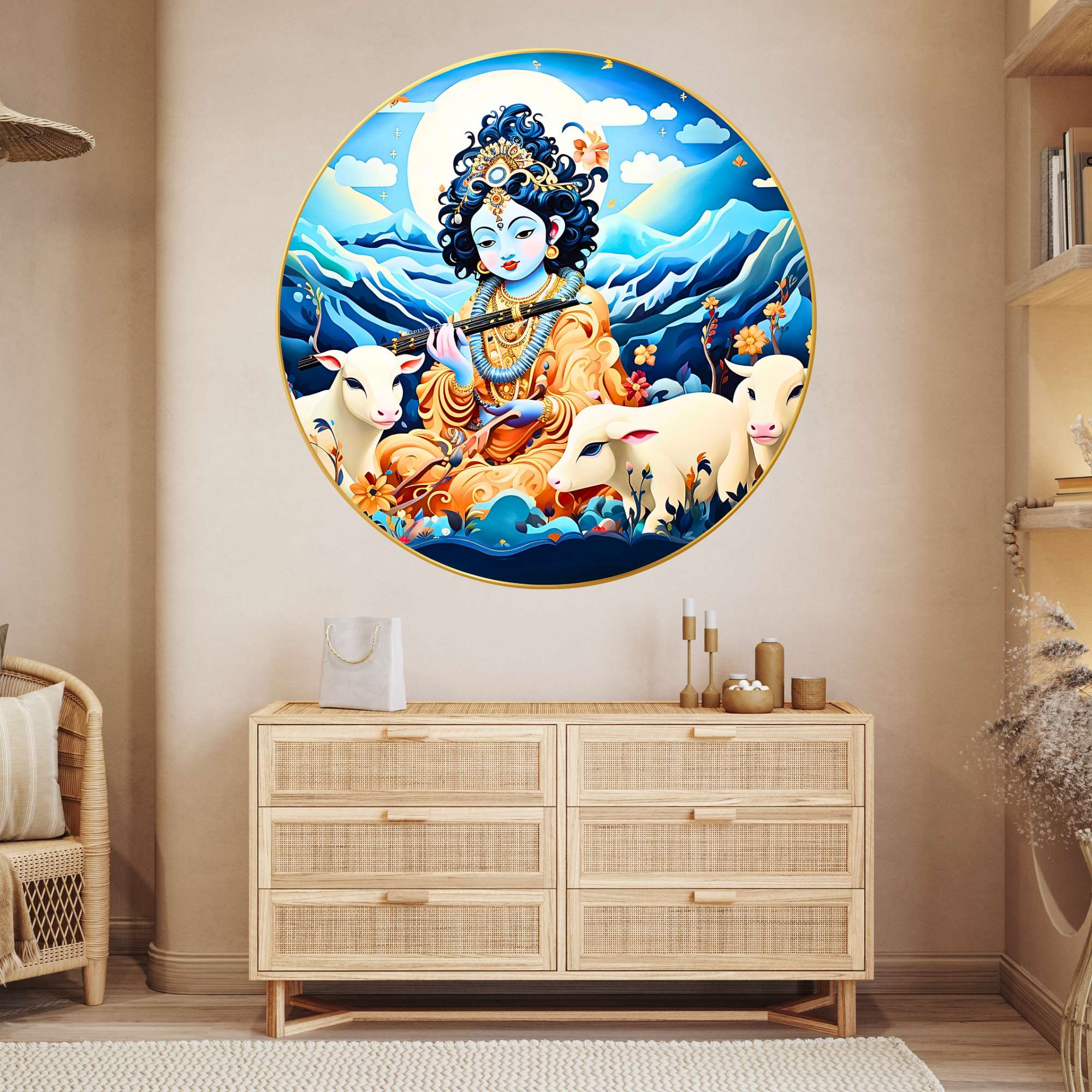 Wall Painting for Wall Decoration with Frame Sparkle Glossy Round Golden Framed Large Painting Office, Living Room, Bedroom,