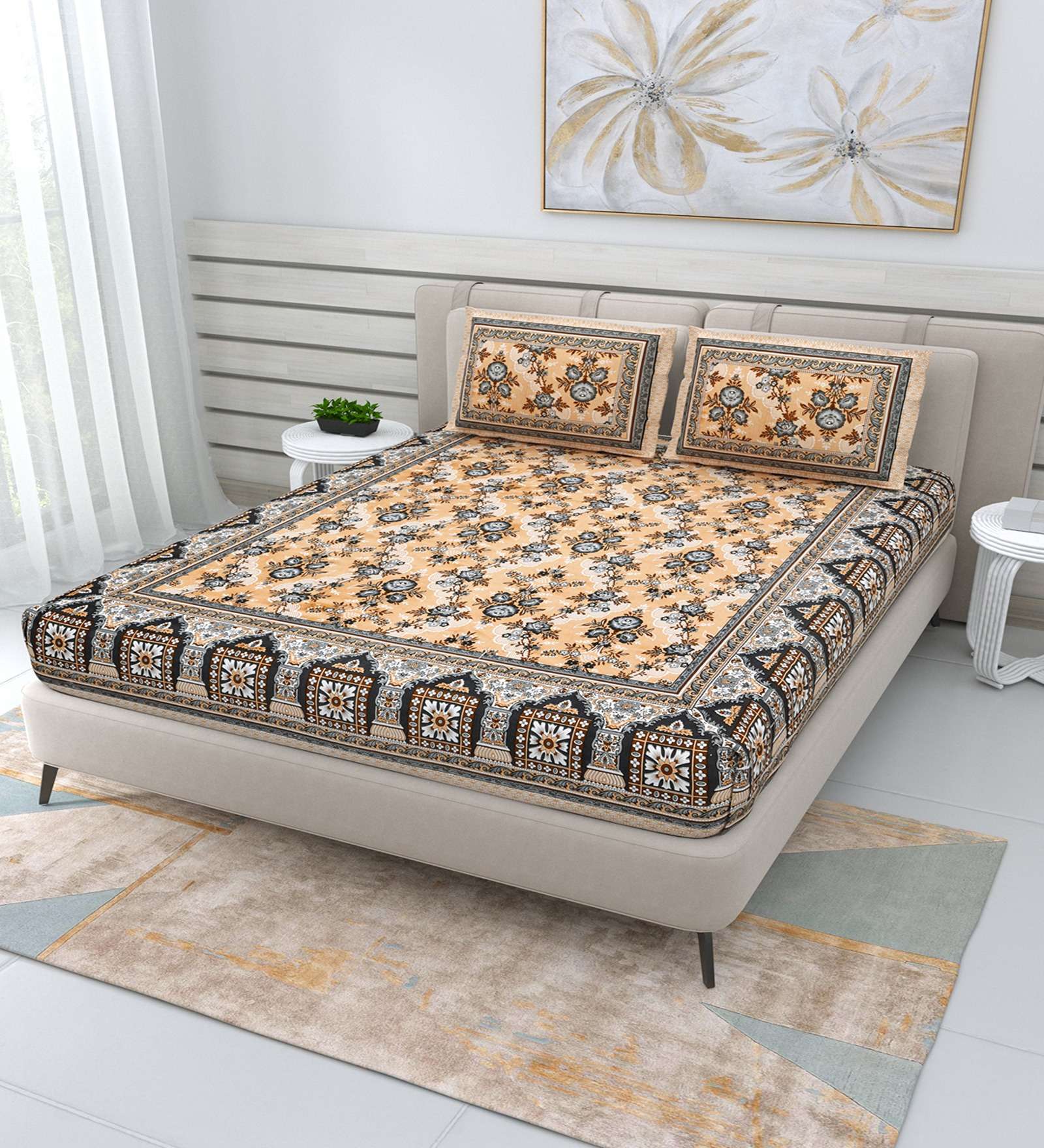 100% Pure Cotton Traditional Printed Bedsheet for Double Bed King Size Bedsheet with 2 Pillow Covers