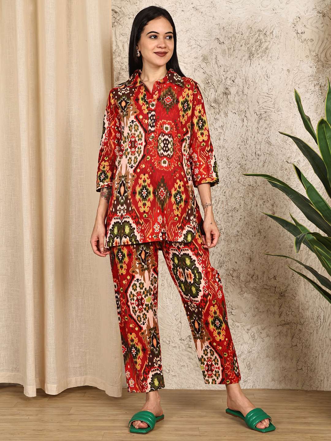 Women’s Pure Cotton Printed Collared Top and Pant Co-ord Set (Multti Color3)