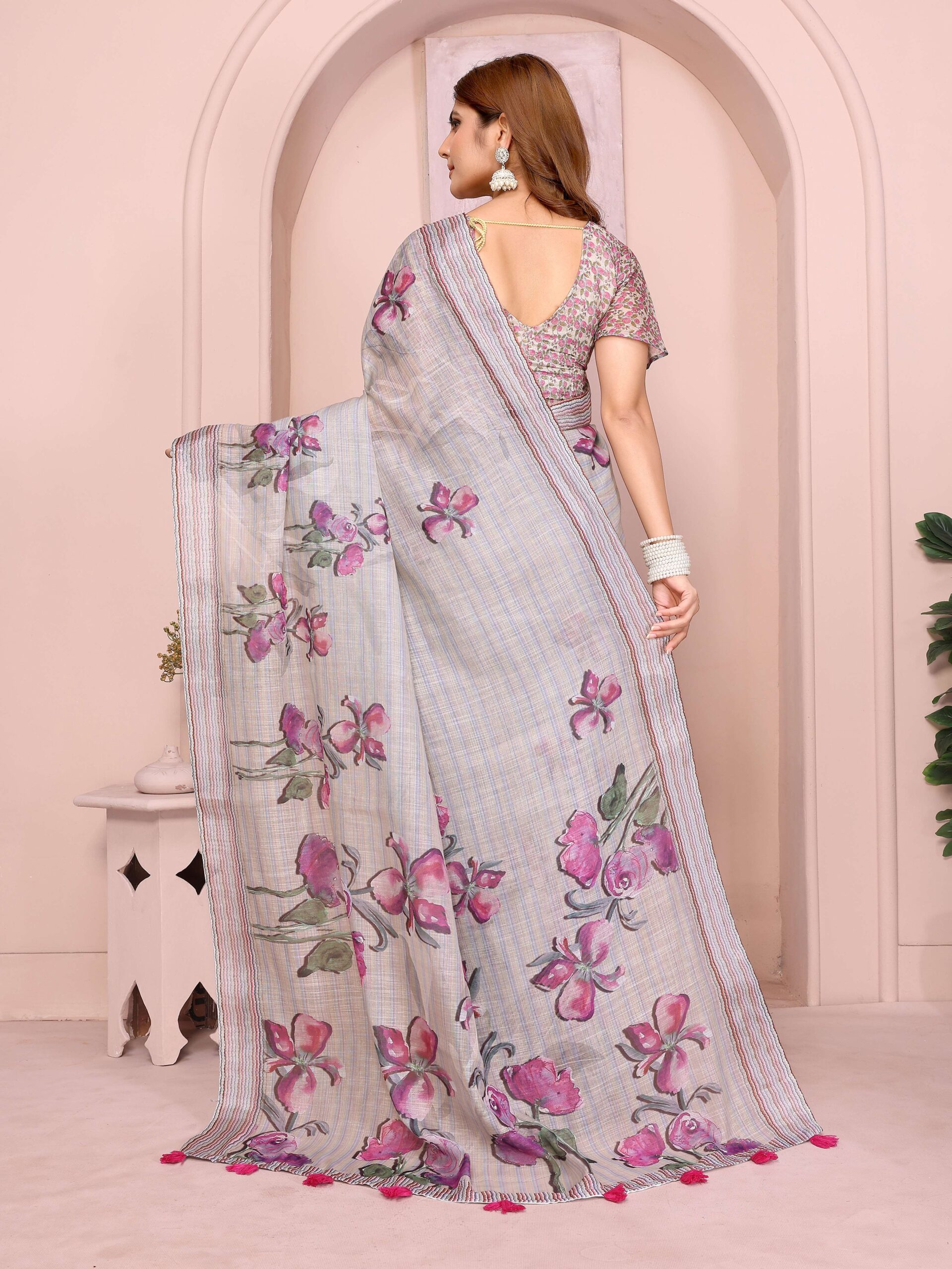 Soft Grey Linen Cotton Saree with Purple Floral Prints & Striped Tassel Border - Image 3