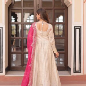 Pink Premium Cosmos Jequard Gown with Bandhani Printed Embroidered Dupatta ? Collection