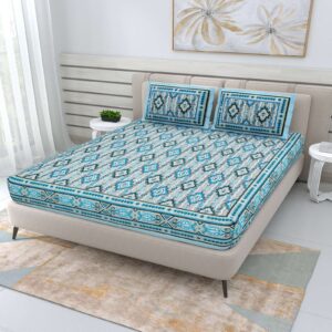 100% Pure Cotton Traditional Printed Bedsheet for Double Bed King Size Bedsheet with 2 Pillow Covers