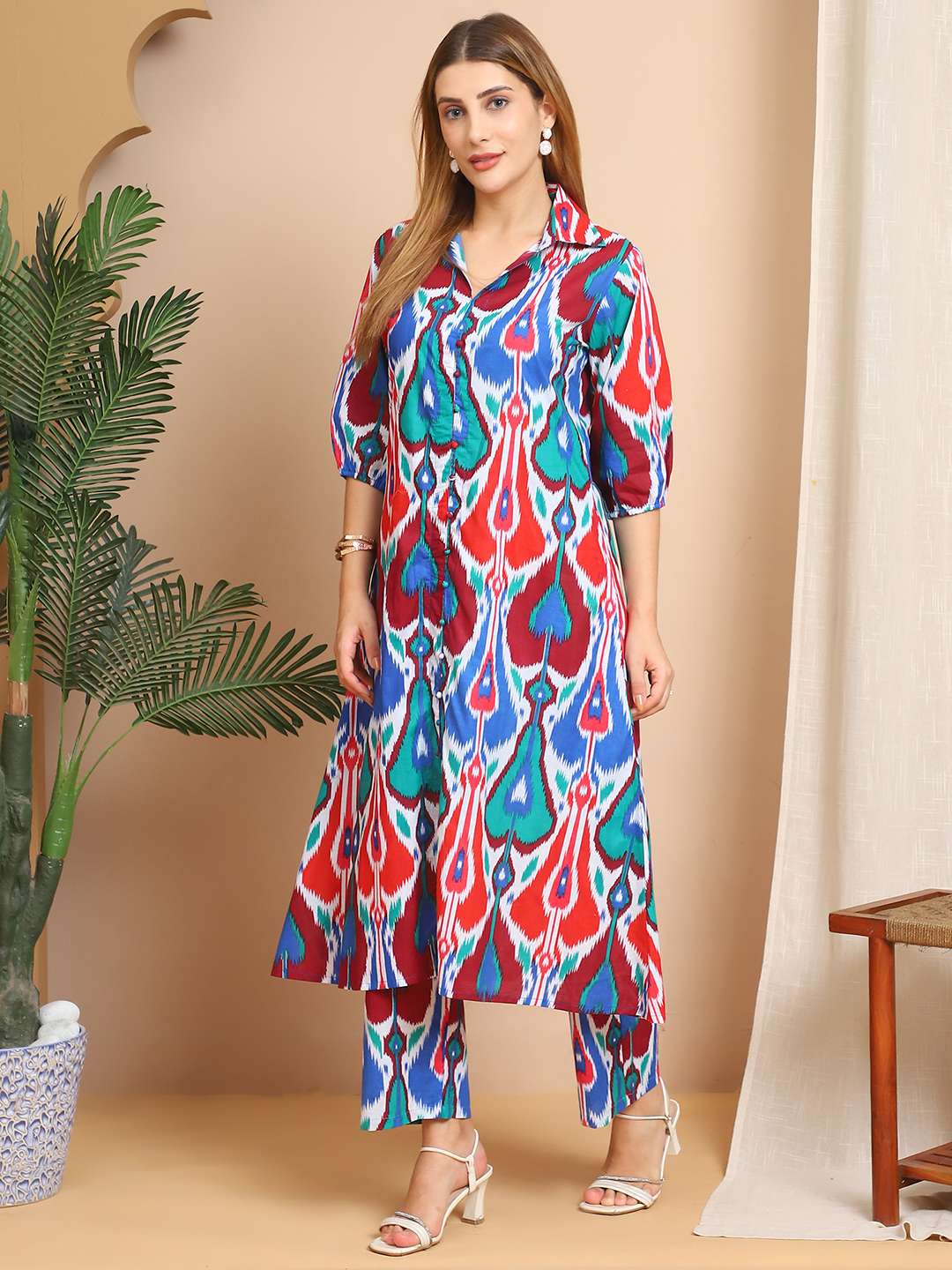 Women’s Pure Cotton Printed Collared Top and Pant Co-ord Set (Multti Color5)