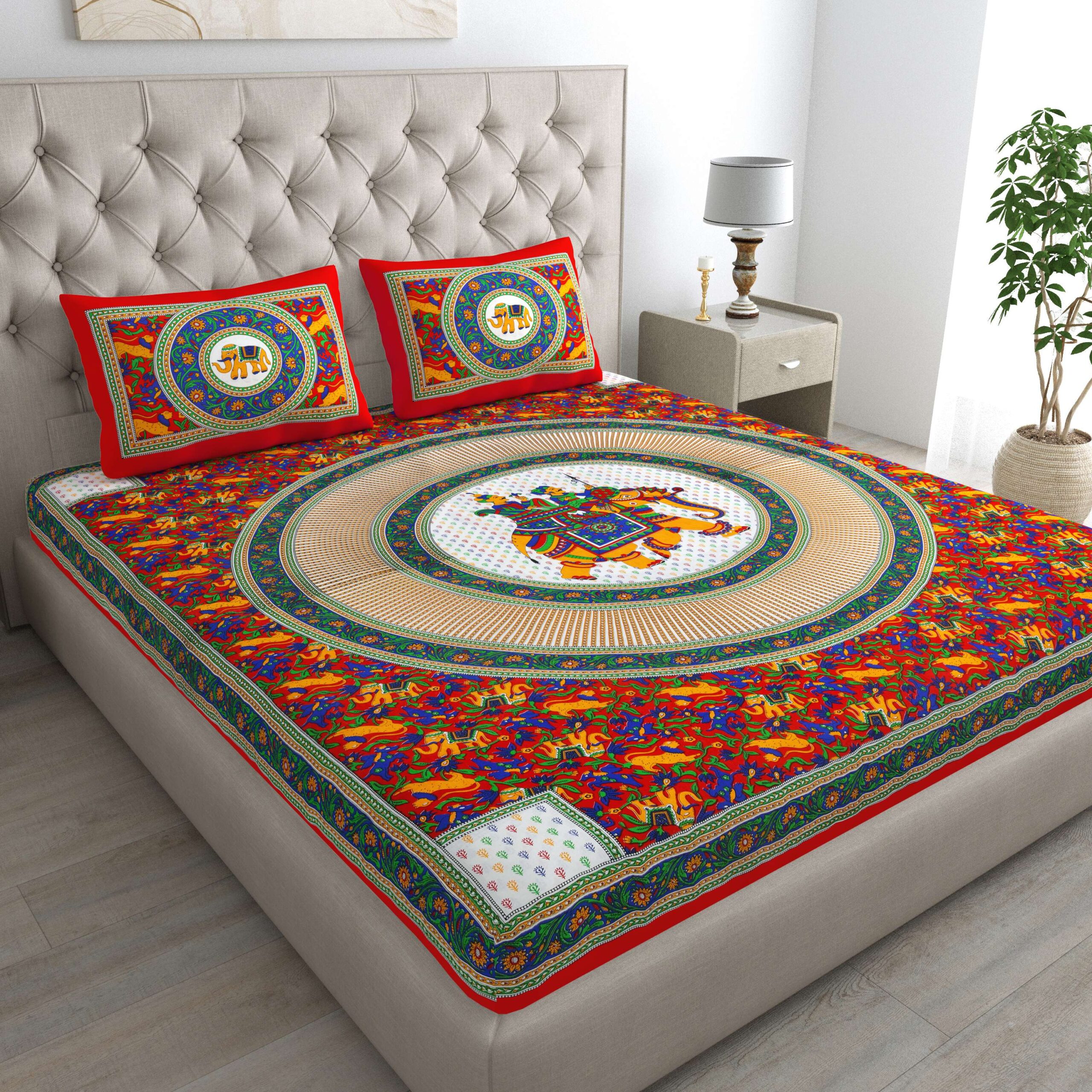 Rajasthani Jaipuri Traditional Double Bed Bedsheet with two pillow covers