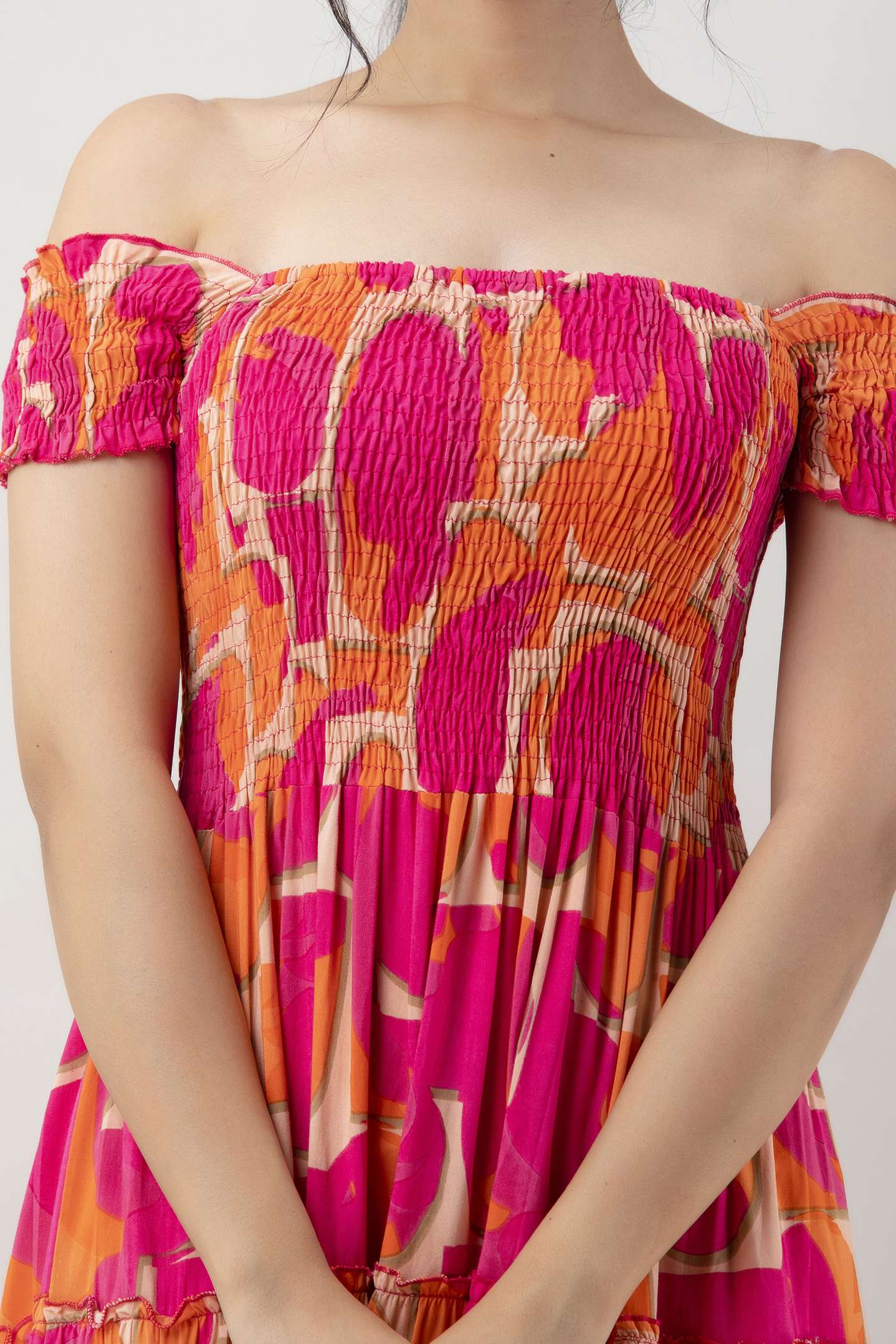 Women’s Viscos Rayon Printed Off Shoulder Midi Dress For Summer And Casual Wear (Pink Strip) - Image 7
