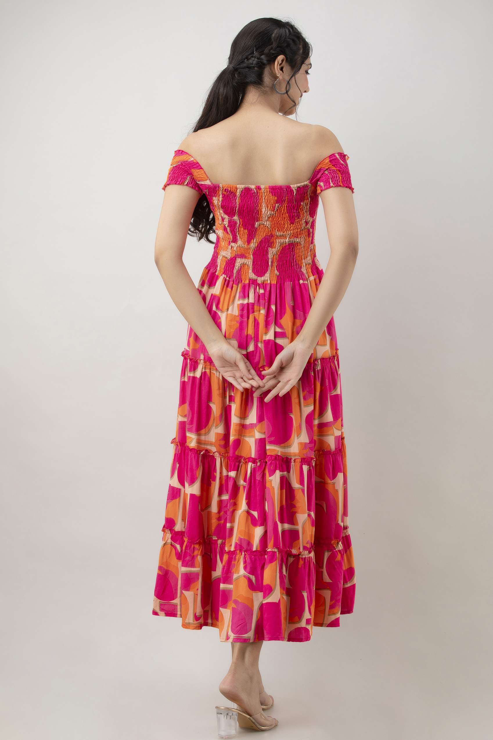 Women’s Viscos Rayon Printed Off Shoulder Midi Dress For Summer And Casual Wear (Pink Strip) - Image 2