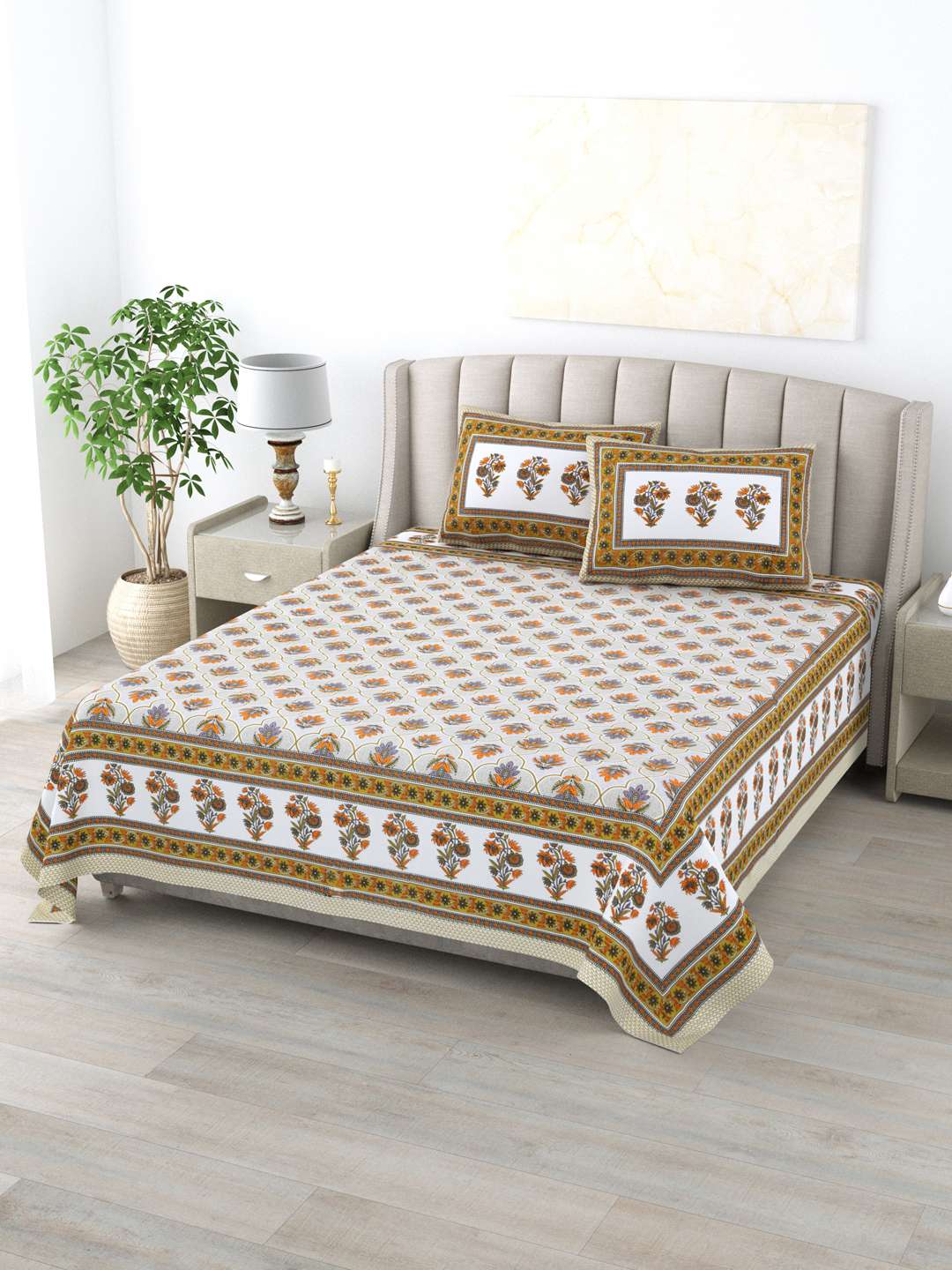 100% Pure Cotton Traditional Printed Bedsheet for Double Bed King Size Bedsheet with 2 Pillow Covers