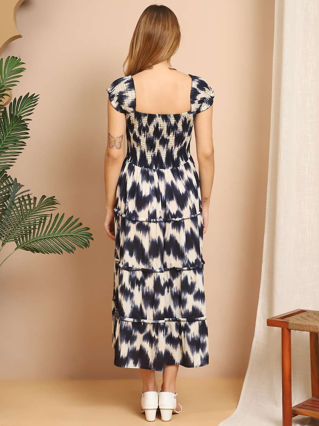 Women’s Viscos Rayon Printed Off Shoulder Midi Dress For Summer And Casual Wear (Blue Cream)