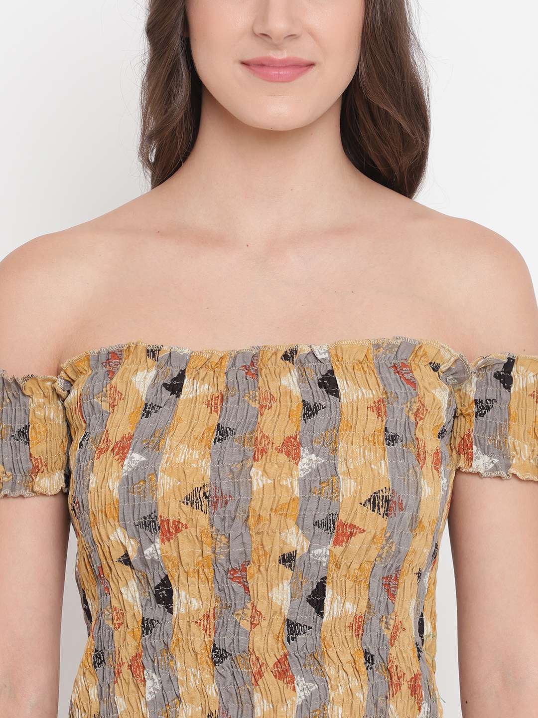 Women’s Rayon Printed Off-Shoulder Smocked Crop Top Short Sleeve Casual Styles Tank Top (FREE SIZE) Multi40 - Image 4