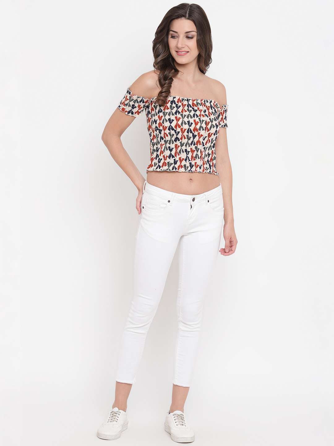 Women’s Rayon Printed Off-Shoulder Smocked Crop Top Short Sleeve Casual Styles Tank Top (FREE SIZE) Multi46 - Image 3