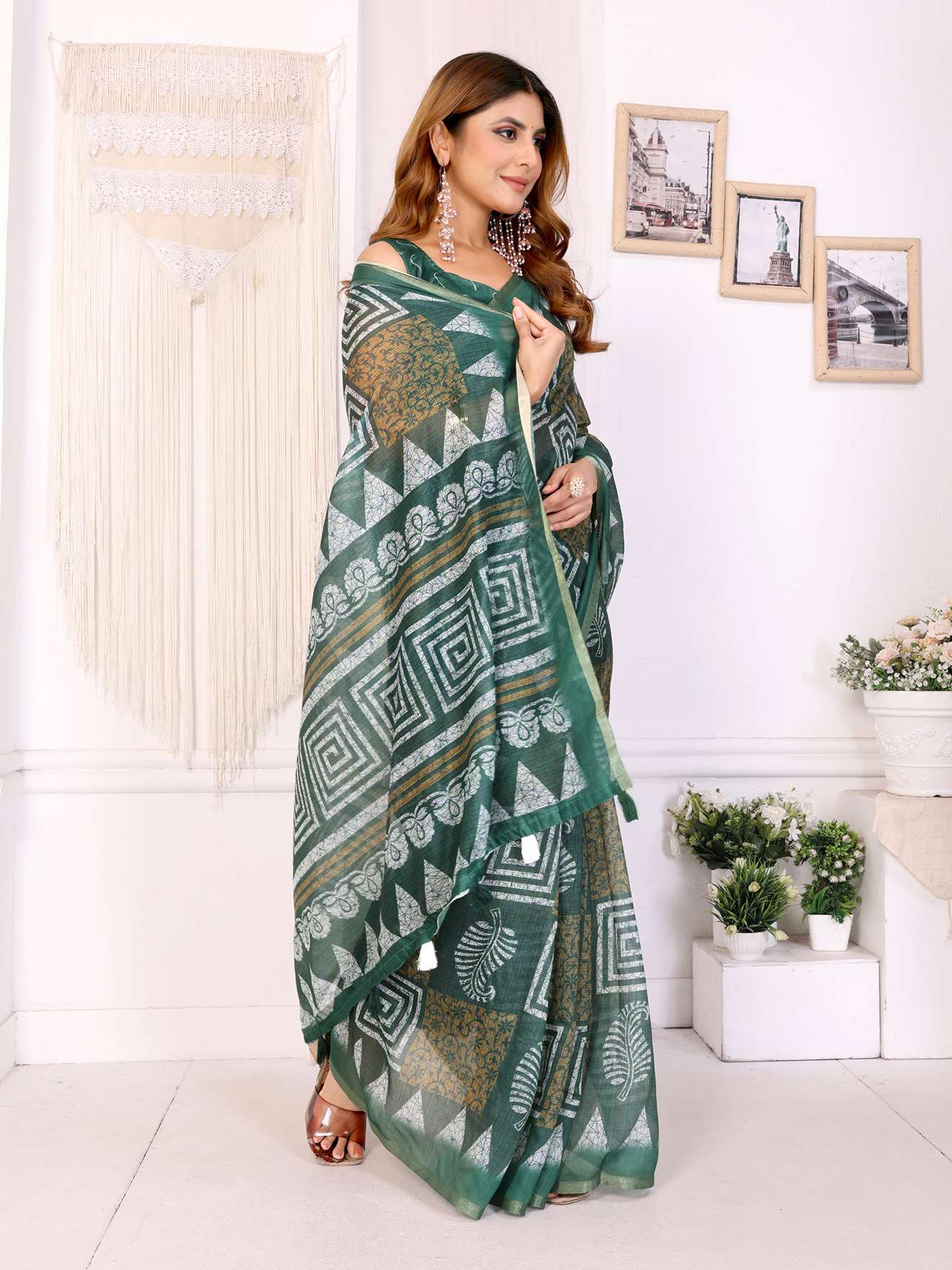 Stylish Bottle Green Chanderi Saree with Bold Geometric Digital Print ? Trendy & Elegant - Image 4