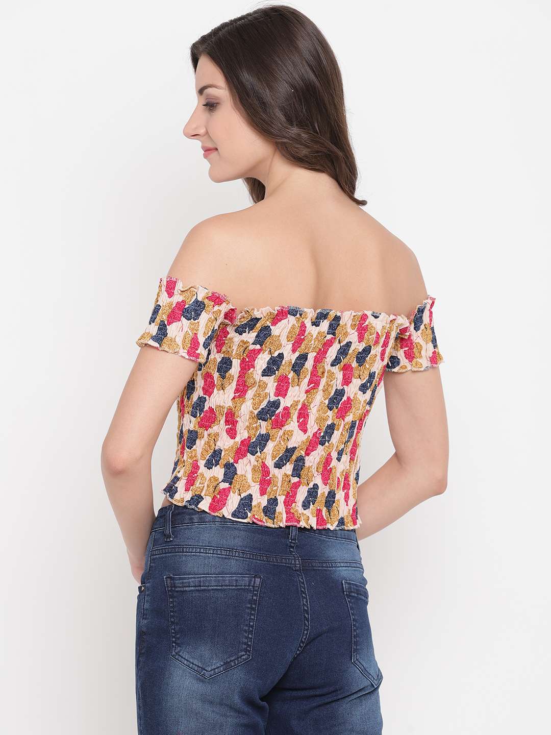 Women’s Rayon Printed Off-Shoulder Smocked Crop Top Short Sleeve Casual Styles Tank Top (FREE SIZE) Multi32 - Image 3