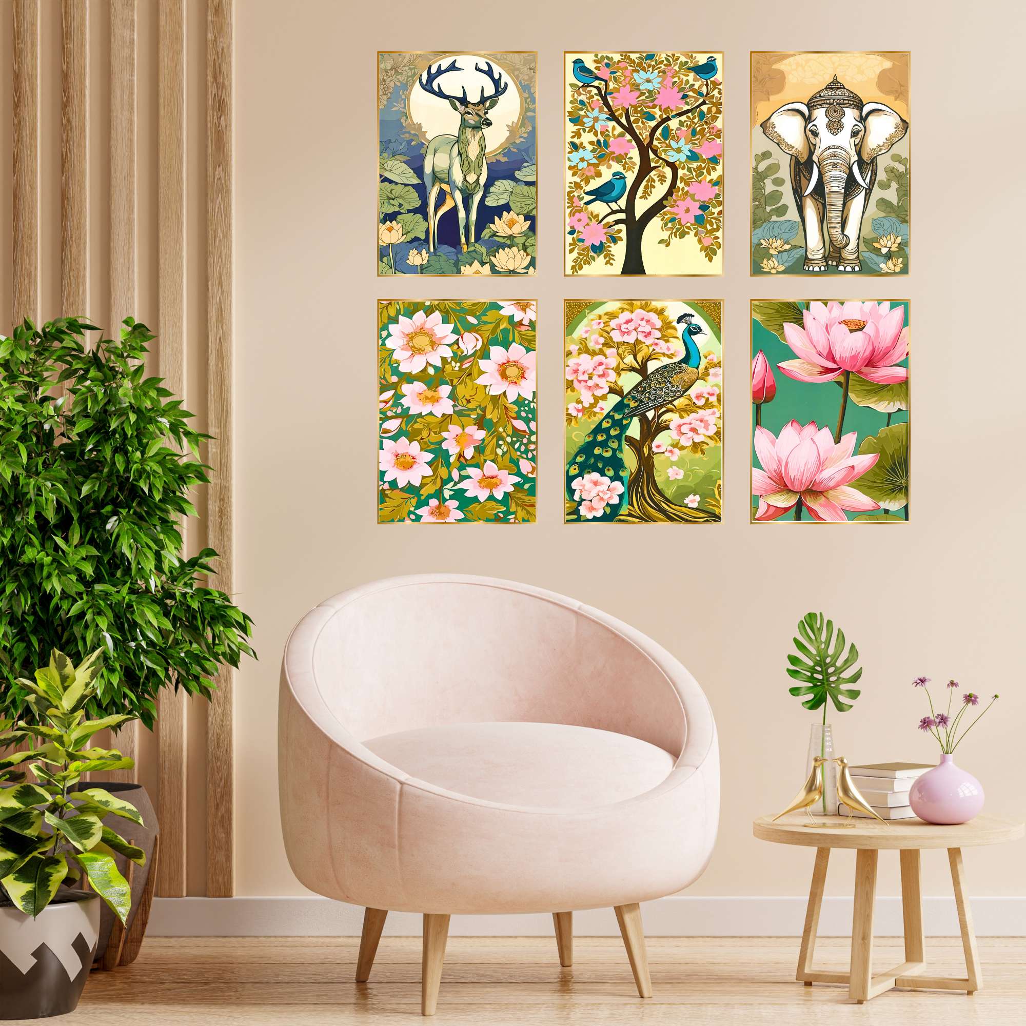 Set of Six Wall Paintings for Wall Dacoration Golden Framed Wall Paintings for Living Room & Bedroom Wall Art for Home Decora