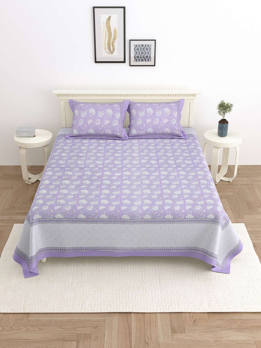 100% Pure Cotton Traditional Printed Bedsheet for Double Bed King Size Bedsheet with 2 Pillow Covers