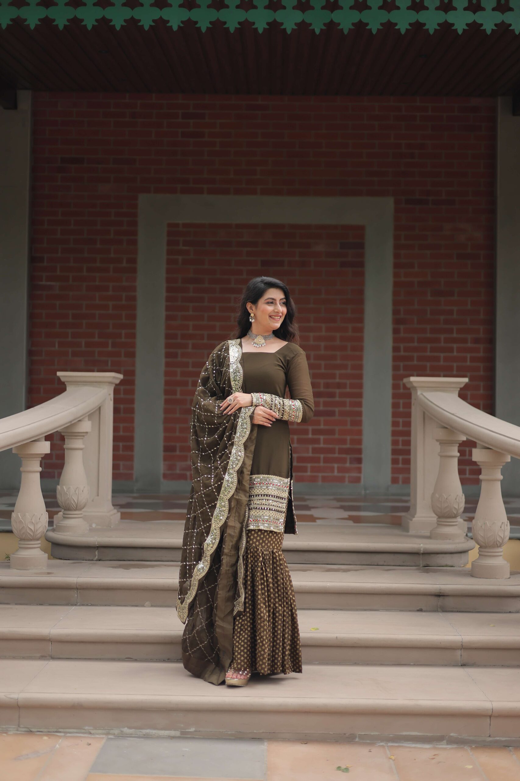 Mehandi Faux Blooming Sequins Embroidered Gown with Matching Dupatta