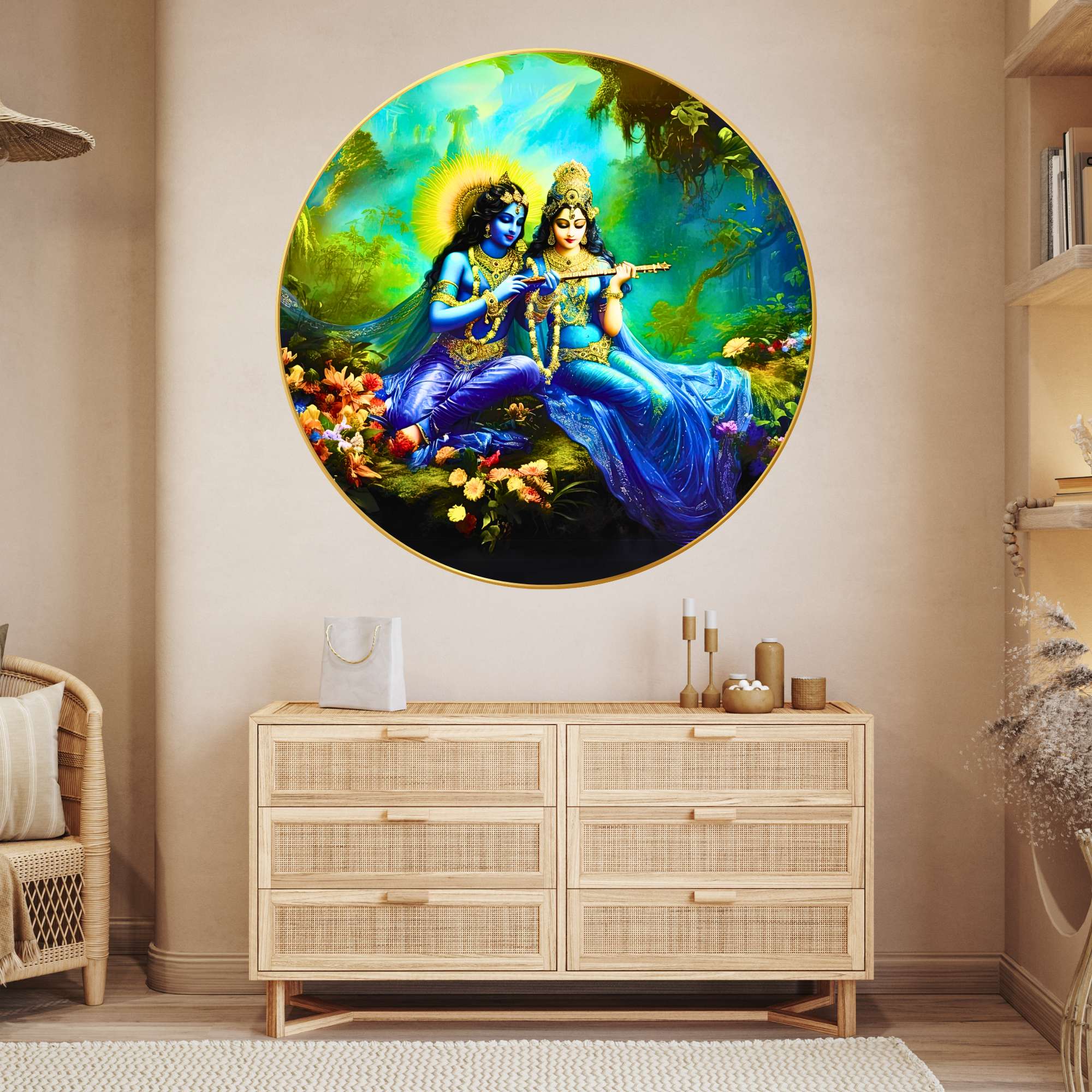 Wall Painting for Wall Decoration with Frame Sparkle Glossy Round Golden Framed Large Painting Office, Living Room, Bedroom,