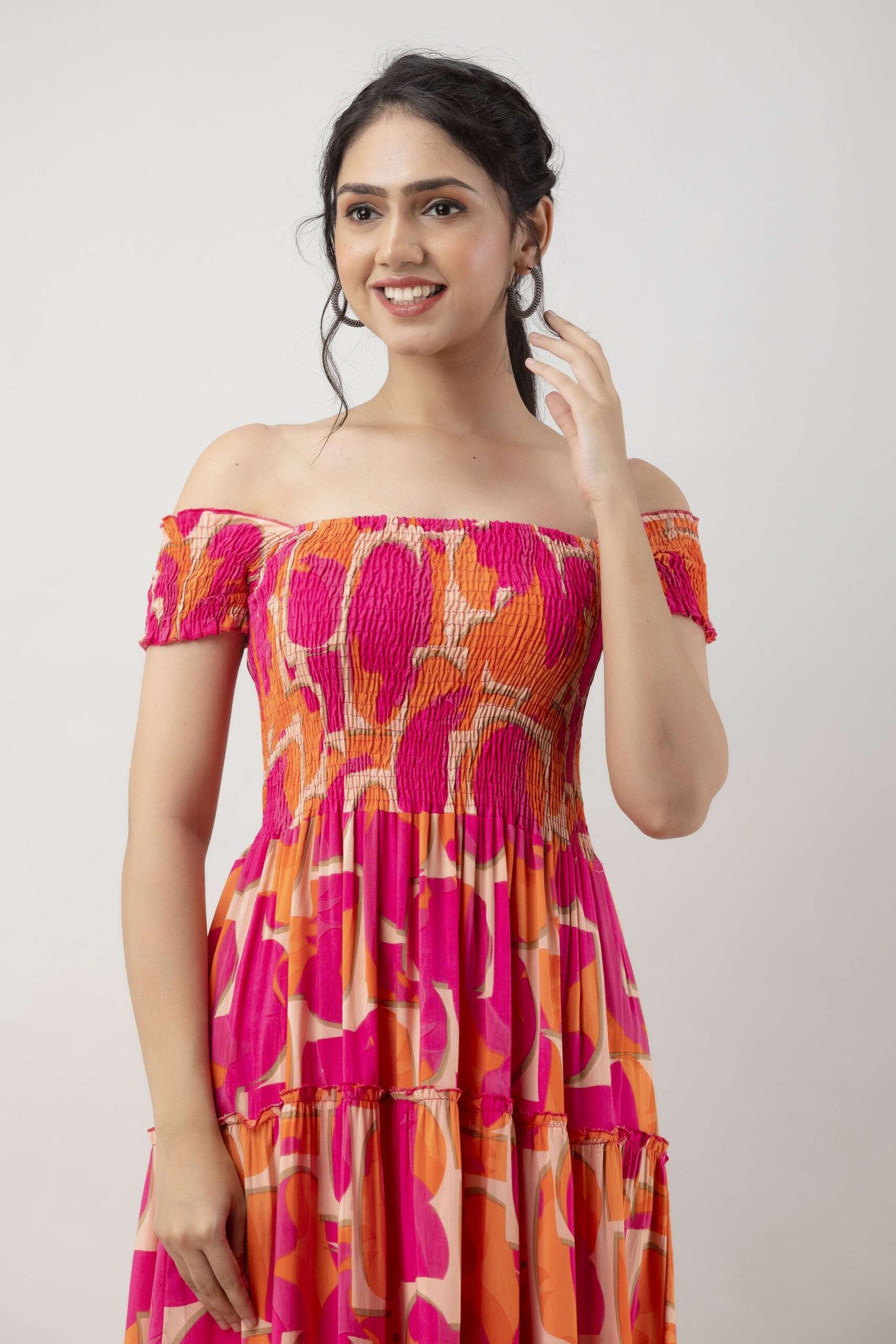 Women’s Viscos Rayon Printed Off Shoulder Midi Dress For Summer And Casual Wear (Pink Strip) - Image 6