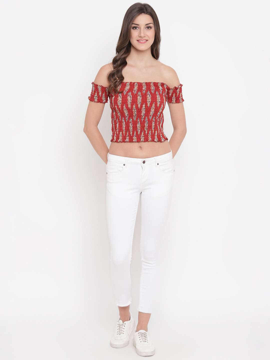 Women’s Rayon Printed Off-Shoulder Smocked Crop Top Short Sleeve Casual Styles Tank Top (FREE SIZE) Multi43