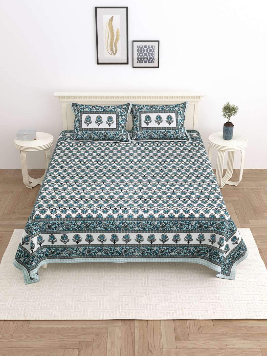 100% Pure Cotton Traditional Printed Bedsheet for Double Bed King Size Bedsheet with 2 Pillow Covers