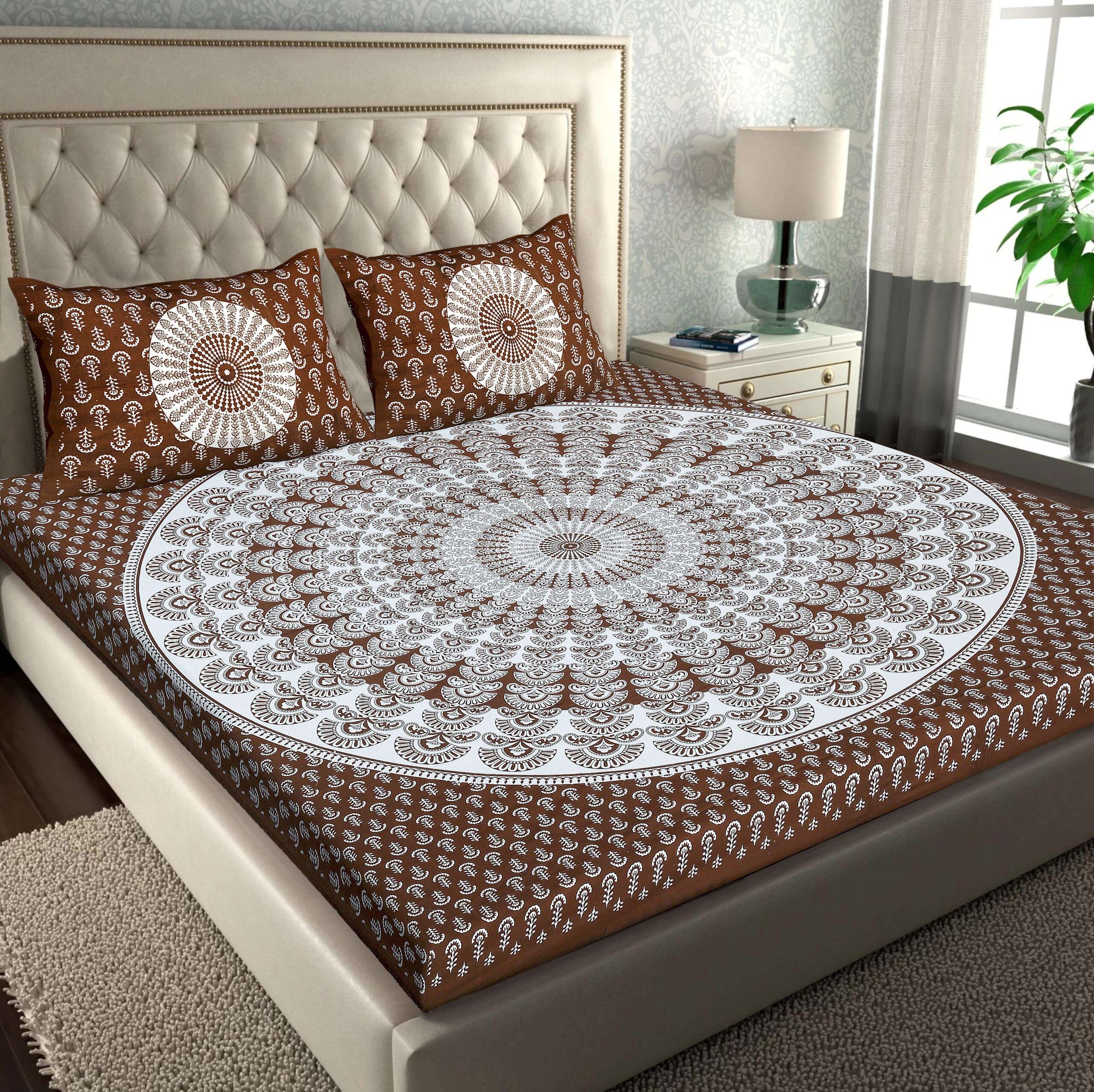 100% Pure Cotton Traditional Printed Bedsheet for Double Bed King Size Bedsheet with 2 Pillow Covers
