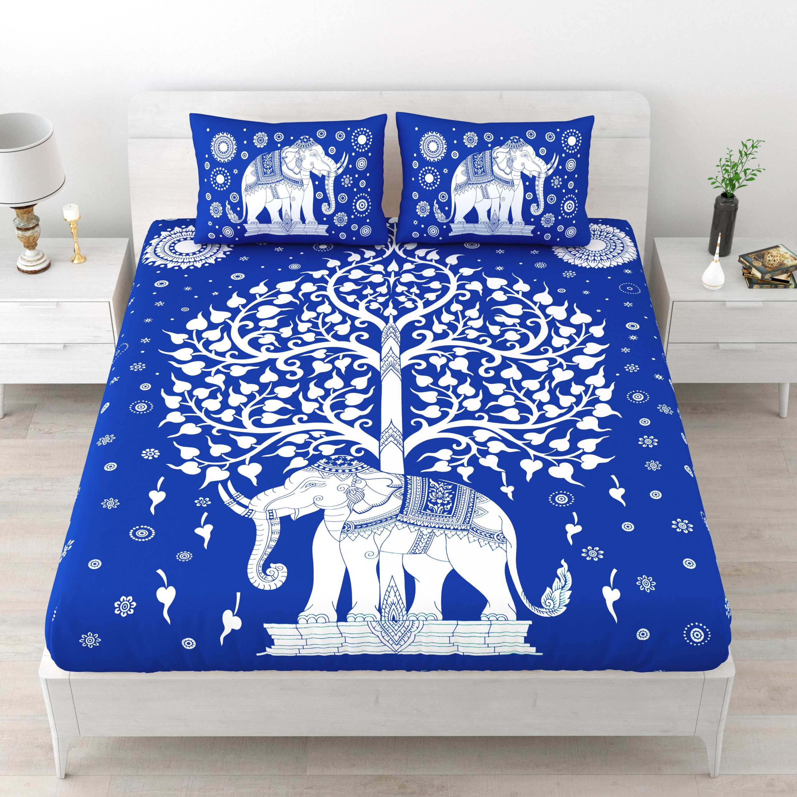 Rajasthani Elephant Printed Cotton Double Bedsheet With Two Pillow Covers