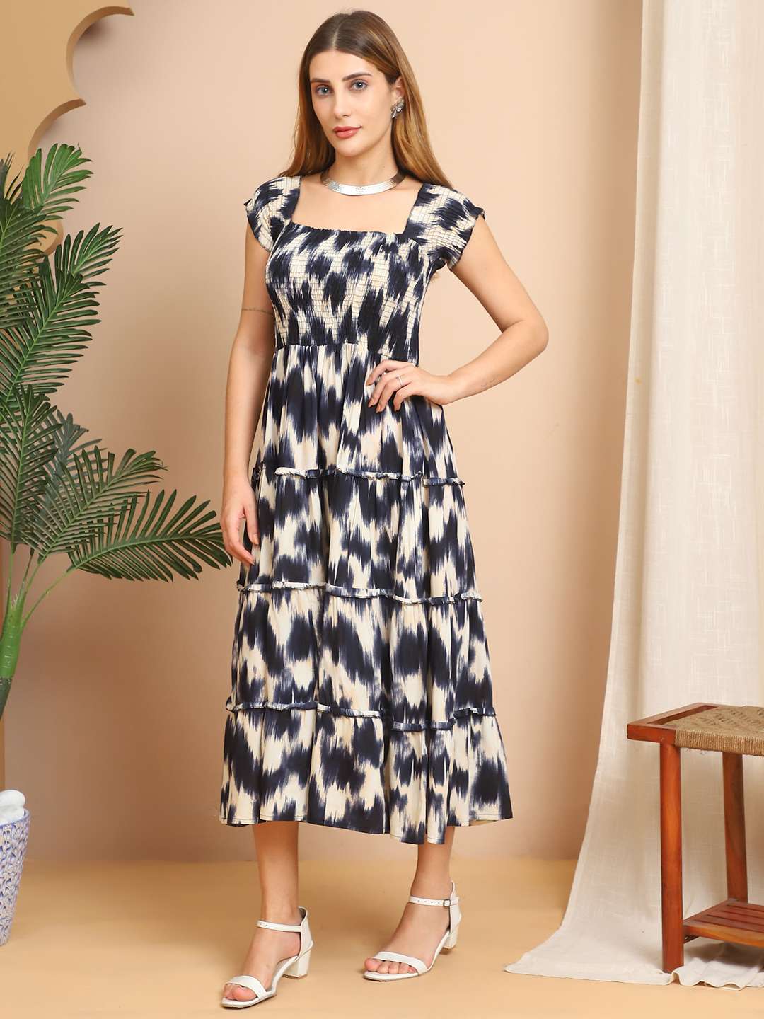 Womenās Viscos Rayon Printed Off Shoulder Midi Dress For Summer And Casual Wear (Blue Cream)