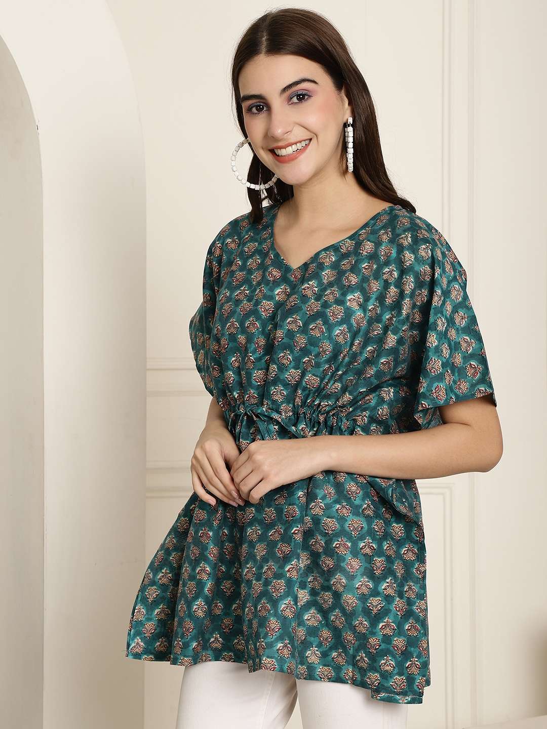 Women’s Chanderi Printed Kaftan Top With Bell Sleeve Dress (Green)