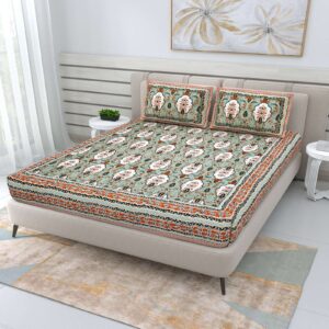 100% Pure Cotton Traditional Printed Bedsheet for Double Bed King Size Bedsheet with 2 Pillow Covers