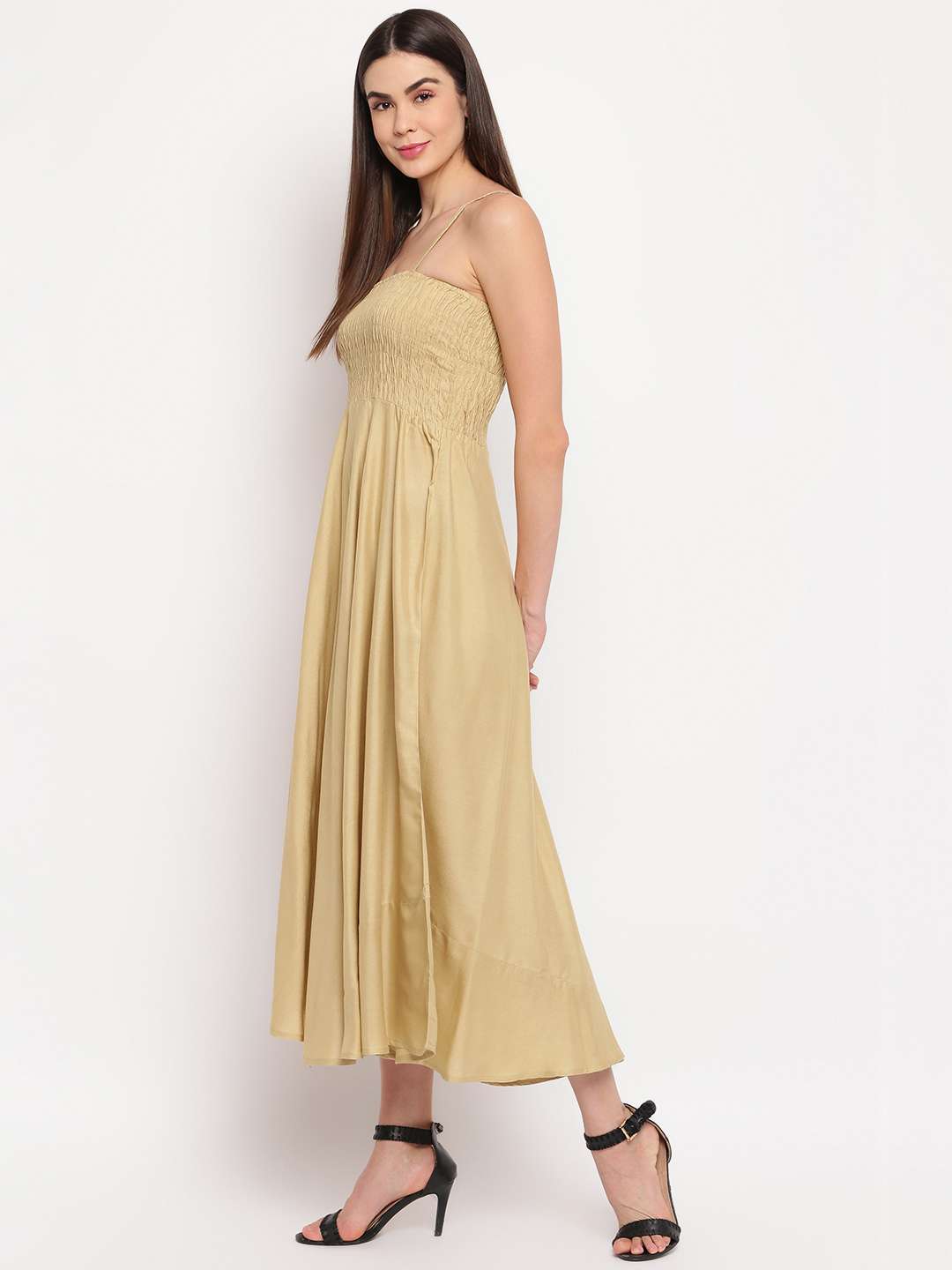Women’s Viscose Rayon Solid Shoulder Straps Sleeveless Flared Gown Drees (Beige)
