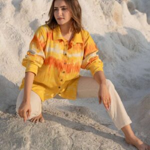 Women's Cotton Tie-Dye Print Straight Shirt With Wide Leg Palazzo Pant Casual Summer Collection Cord Set ( Yellow Beige )