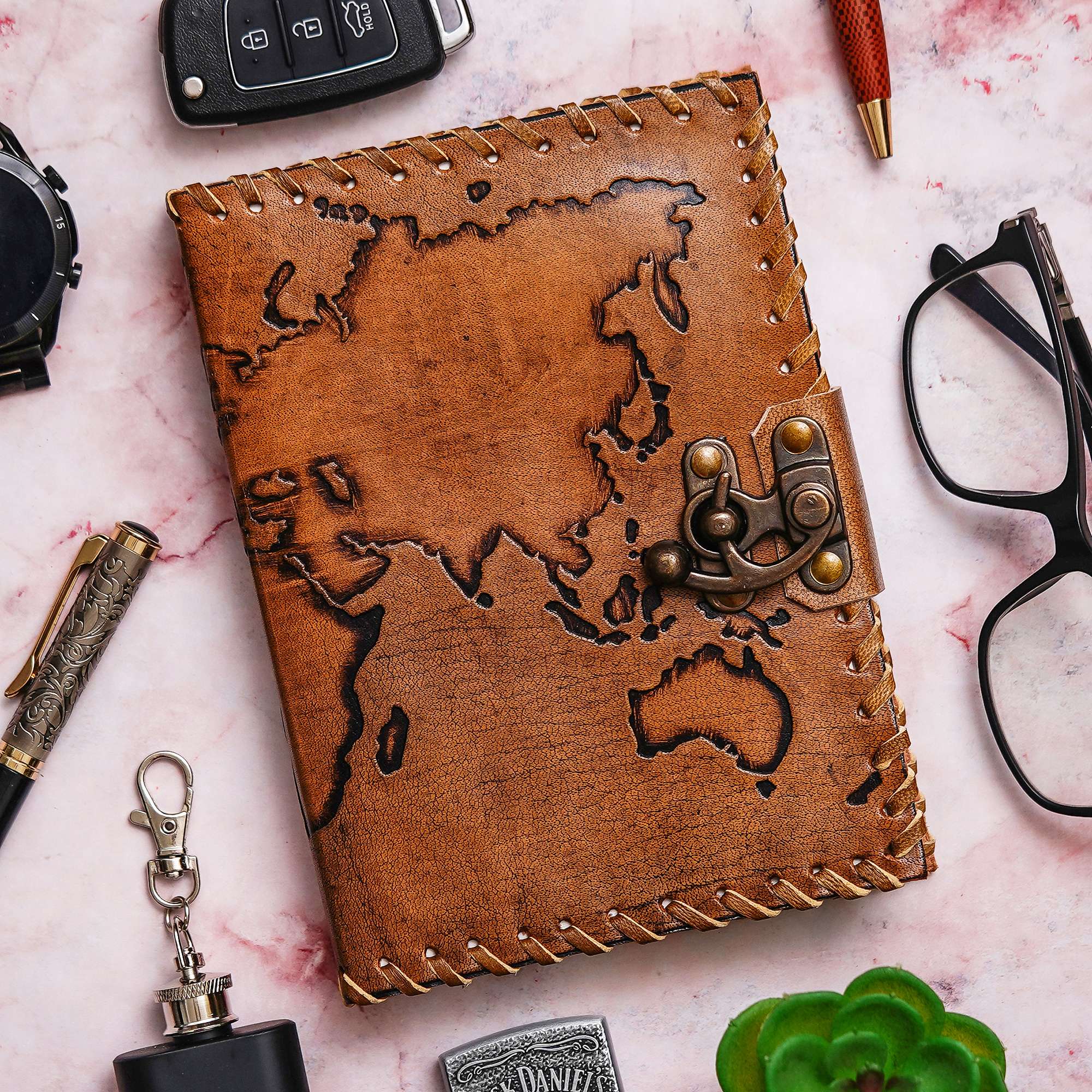 Tan World Map Handmade Leather Diary & Journal