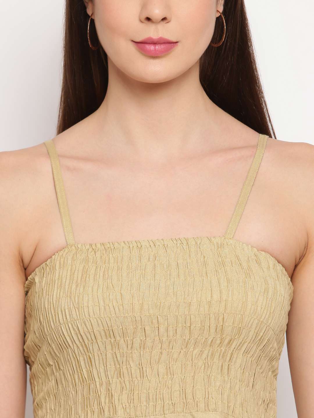 Women’s Viscose Rayon Solid Shoulder Straps Sleeveless Flared Gown Drees (Beige) - Image 4