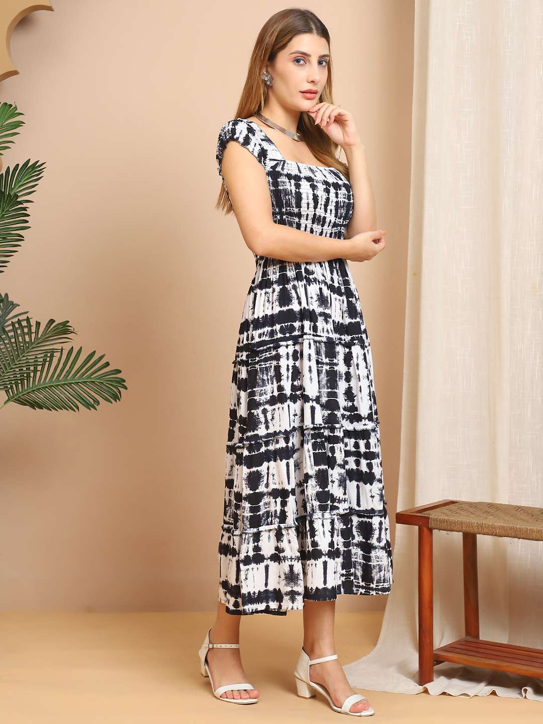 Women’s Viscos Rayon Printed Off Shoulder Midi Dress For Summer And Casual Wear (Black White)