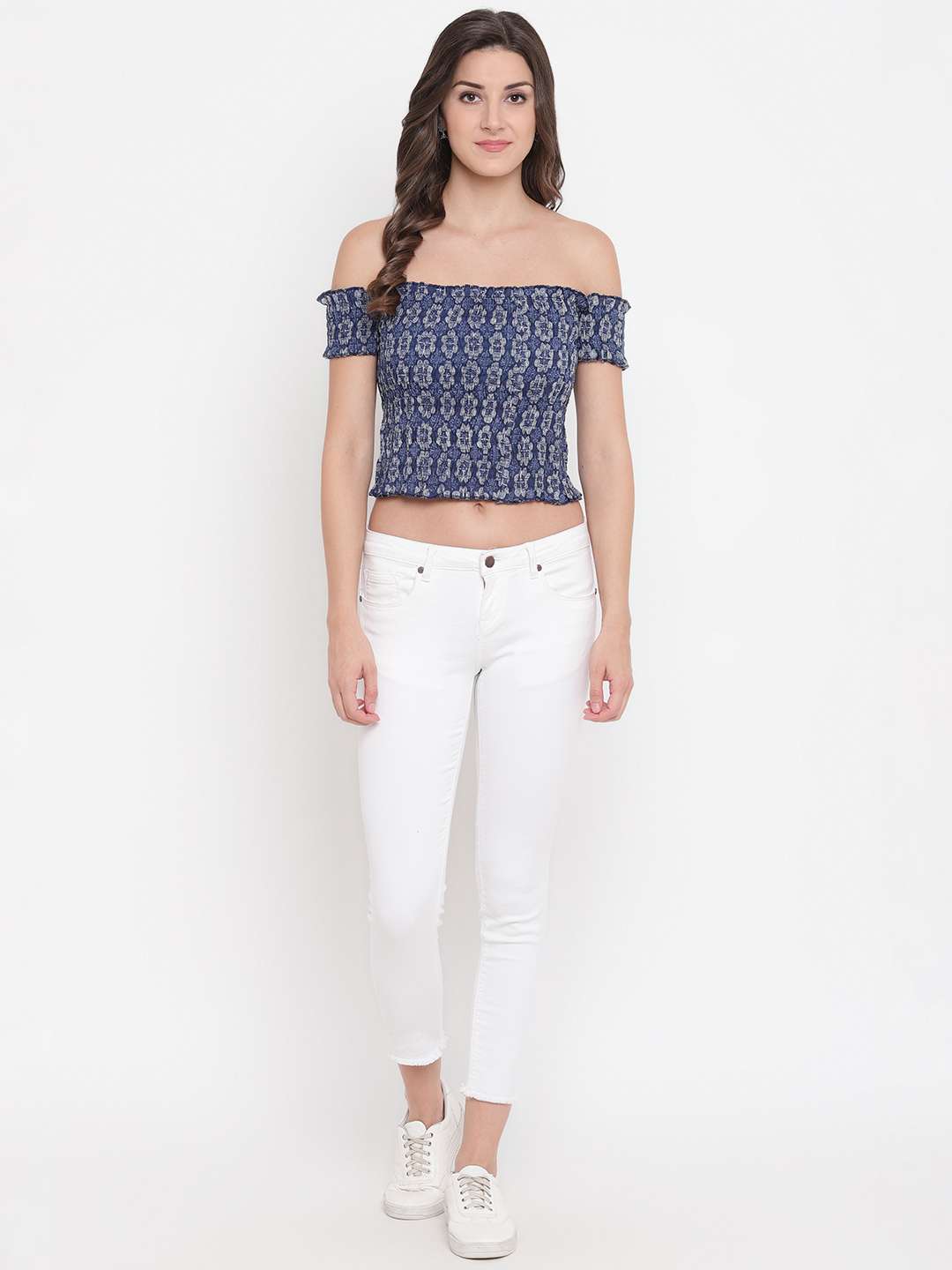 Women’s Rayon Printed Off-Shoulder Smocked Crop Top Short Sleeve Casual Styles Tank Top (FREE SIZE) Multi42 - Image 2