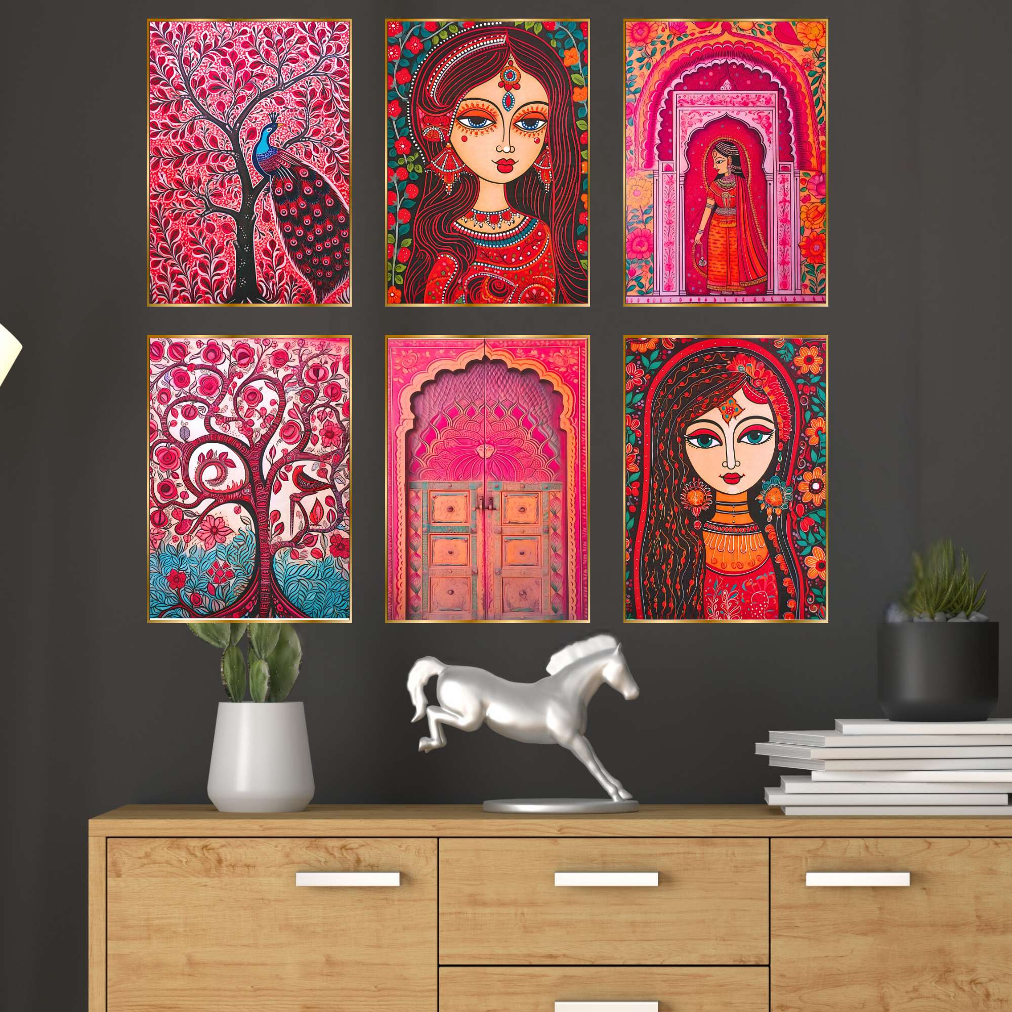 Set of Six Wall Paintings for Wall Dacoration Golden Framed Wall Paintings for Living Room & Bedroom Wall Art for Home Decora