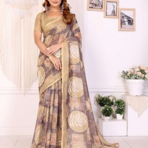Elegant White Chanderi Saree with Digital Leaf Print ? Lightweight & Stylish