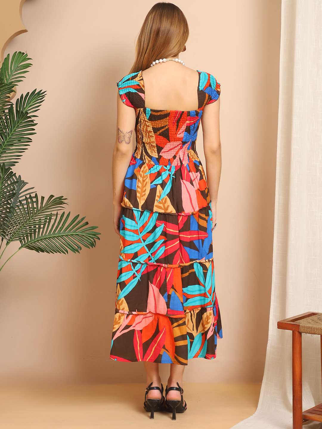 Women’s Viscos Rayon Printed Off Shoulder Midi Dress For Summer And Casual Wear (Multti Color1)