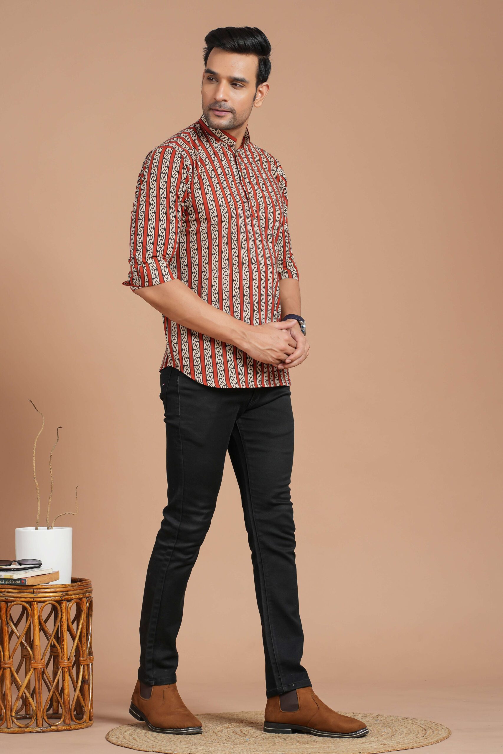 Men’s Cotton Red & Beige Striped Printed Kurta ? Casual & Festive Wear