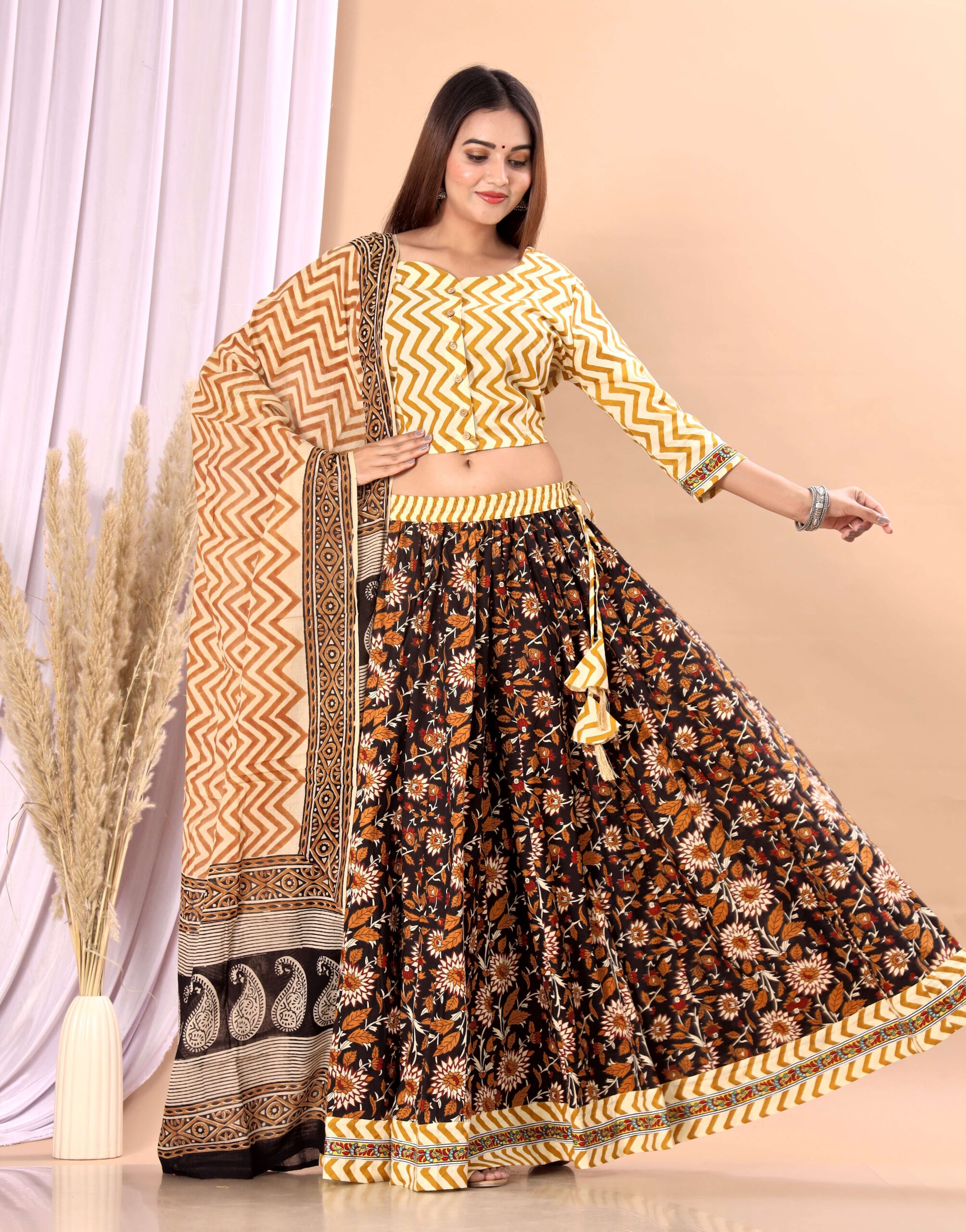 Women’s Mustard Yellow Cotton Printed Lehenga Choli Dupatta Set - Image 3