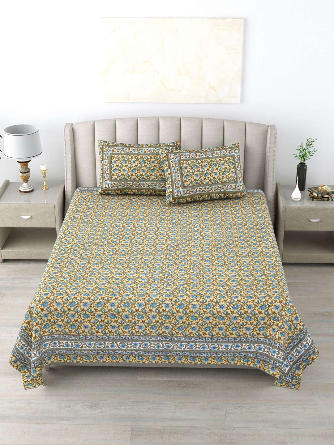100% Pure Cotton Traditional Printed Bedsheet for Double Bed King Size Bedsheet with 2 Pillow Covers