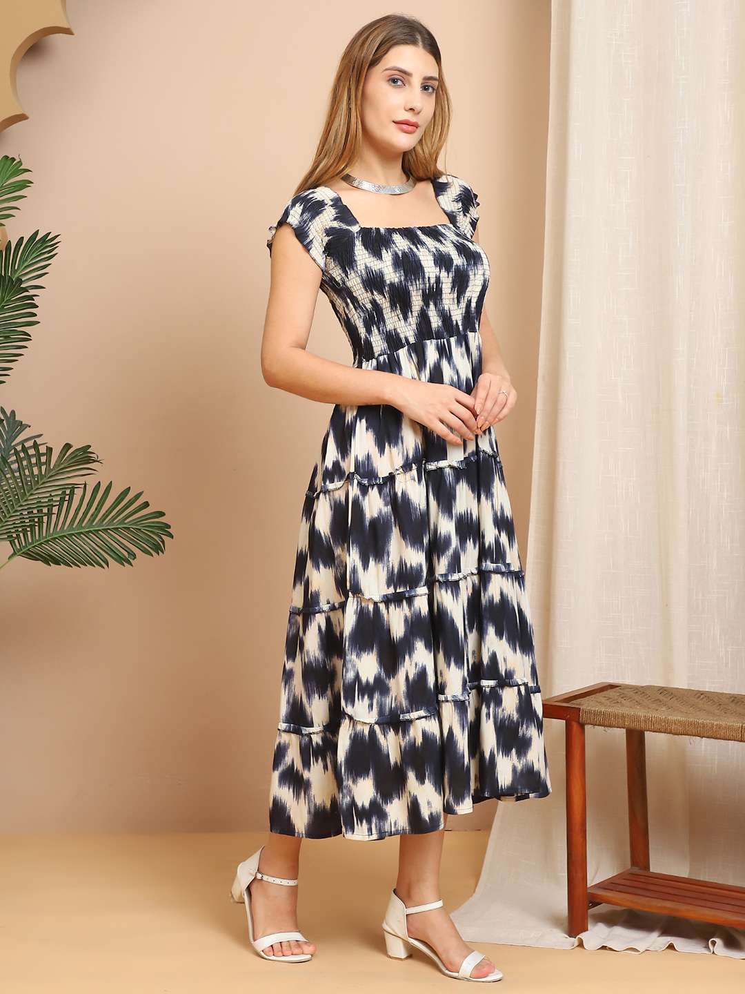 Women’s Viscos Rayon Printed Off Shoulder Midi Dress For Summer And Casual Wear (Blue Cream)